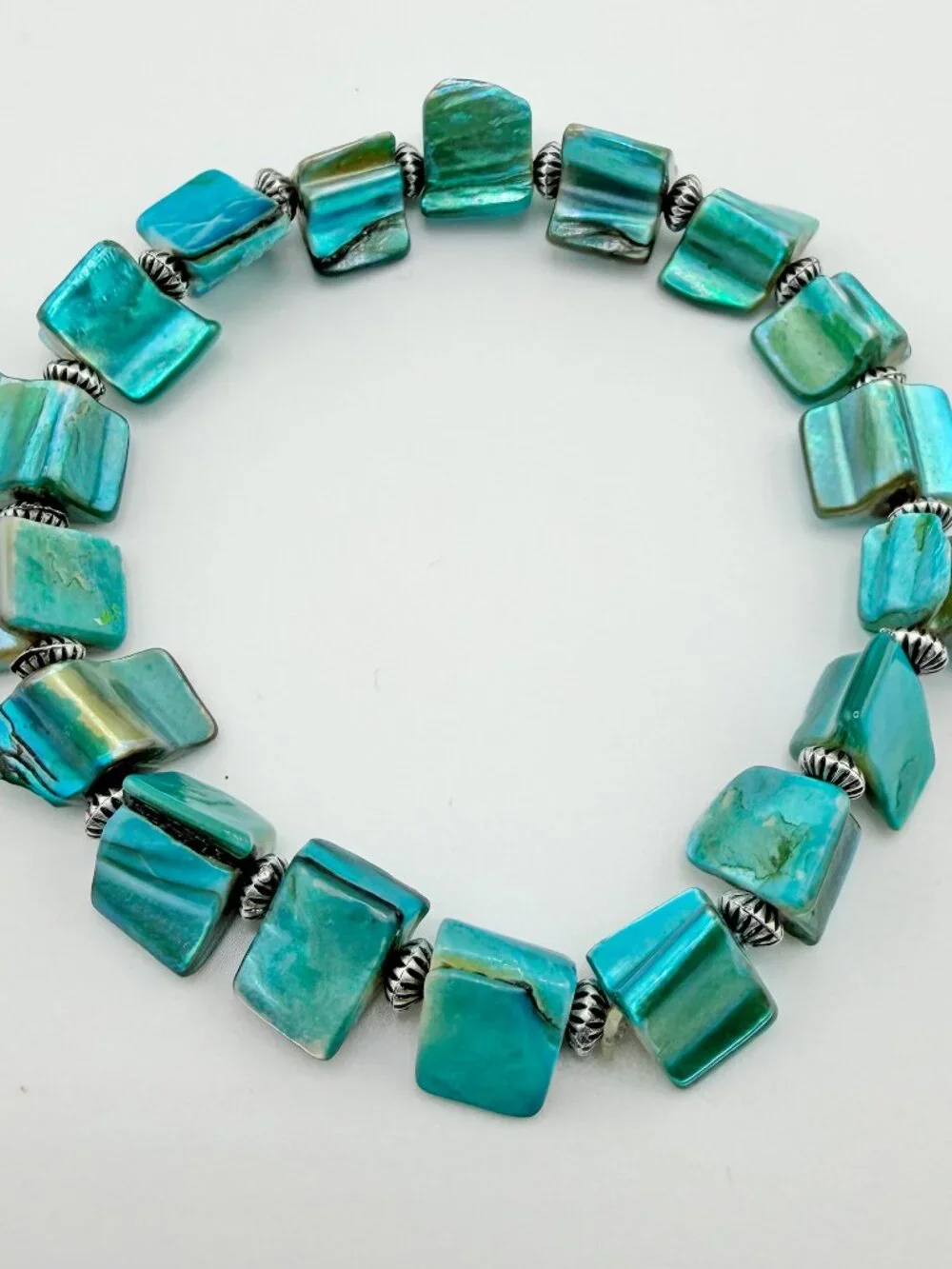 Boho Teal Abalone Shell Nugget Stretch Bracelet - Iridescent Ocean Blue